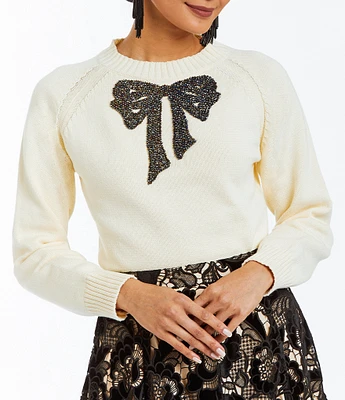 Mestiza New York Delilah Crew Neck Raglan Shoulder Long Sleeve Bead Embellished Bow Sweater