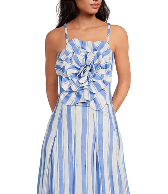 Mestiza New York Dominique Coordinating Linen Blend Stripe Square Neck Smocked Sleeveless Flower Top