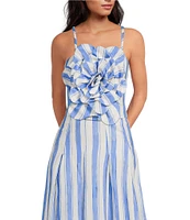 Mestiza New York Dominique Coordinating Linen Blend Stripe Square Neck Smocked Sleeveless Flower Top