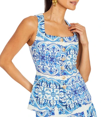 Mestiza New York Elena Printed Tailored Squared Scoop Neck Sleeveless Top