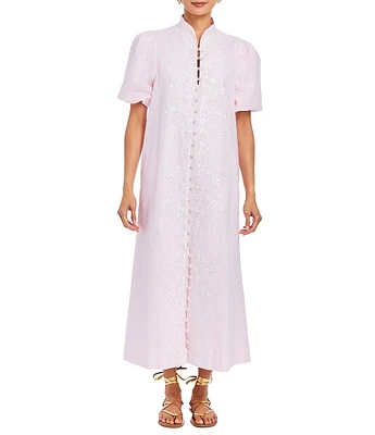 Mestiza New York Elliana Barong Woven Embroidered Mandarin Short Puff Sleeve Midi Dress