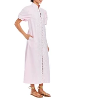 Mestiza New York Elliana Barong Woven Embroidered Mandarin Short Puff Sleeve Midi Dress