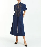 Mestiza New York Elliana Cotton Poplin Mandarin Collar Short Sleeve Faux Pearl Button-Front Embroidered Midi Dress