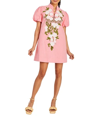 Mestiza New York Elliana Floral Embroidered Mandarin Collar Button Front Short Puff Sleeve Dress