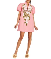 Mestiza New York Elliana Floral Embroidered Mandarin Collar Button Front Short Puff Sleeve Dress