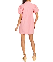 Mestiza New York Elliana Floral Embroidered Mandarin Collar Button Front Short Puff Sleeve Dress