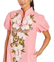 Mestiza New York Elliana Floral Embroidered Mandarin Collar Button Front Short Puff Sleeve Dress