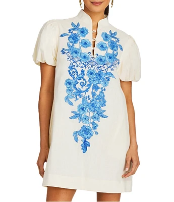 Mestiza New York Elliana Floral Embroidered Mandarin Collar Short Puff Sleeve Dress