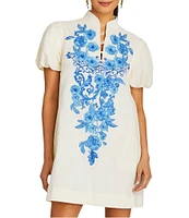 Mestiza New York Elliana Floral Embroidered Mandarin Collar Short Puff Sleeve Dress