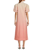 Mestiza New York Elliana Linen Blend Elliana Mandarin Collar Puff Sleeve Embroidered Button Front Midi Dress