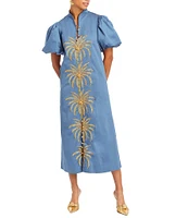 Mestiza New York Elliana Poplin Palm Leaf Embroidery Mandarin Collar Short Puff Sleeve Midi Dress