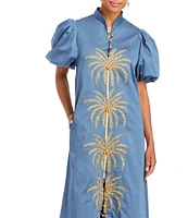 Mestiza New York Elliana Poplin Palm Leaf Embroidery Mandarin Collar Short Puff Sleeve Midi Dress