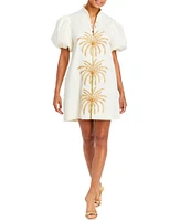 Mestiza New York Elliana Poplin Palm Tree Embroidery Mandarian Collar Short Puff Sleeve Dress