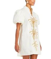 Mestiza New York Elliana Poplin Palm Tree Embroidery Mandarian Collar Short Puff Sleeve Dress