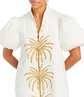 Mestiza New York Elliana Poplin Palm Tree Embroidery Mandarian Collar Short Puff Sleeve Dress