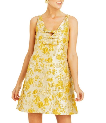 Mestiza New York Elmarie Metallic Jacquard V-Neck Sleeveless Bow Mini Shift Dress