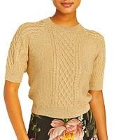 Mestiza New York Enya Metallic Cable Knit Crew Neck Short Sleeve Cropped Sweater