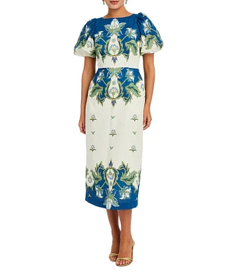 Mestiza New York Faye Floral Print Boat Neck Short Puff Sleeve Midi A-Line Dress