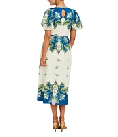 Mestiza New York Faye Floral Print Boat Neck Short Puff Sleeve Midi A-Line Dress