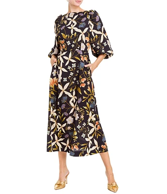 Mestiza New York Gina Twill Floral Print Boat Neck Elbow Sleeve Midi Dress