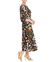 Mestiza New York Gina Twill Floral Print Boat Neck Elbow Sleeve Midi Dress