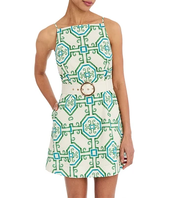 Mestiza New York Havana Printed Poplin High Square Neck Sleeveless Fit-And-Flare Belted Mini Dress