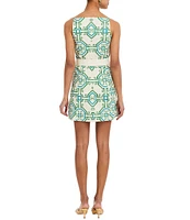 Mestiza New York Havana Printed Poplin High Square Neck Sleeveless Fit-And-Flare Belted Mini Dress