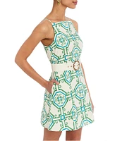 Mestiza New York Havana Printed Poplin High Square Neck Sleeveless Fit-And-Flare Belted Mini Dress