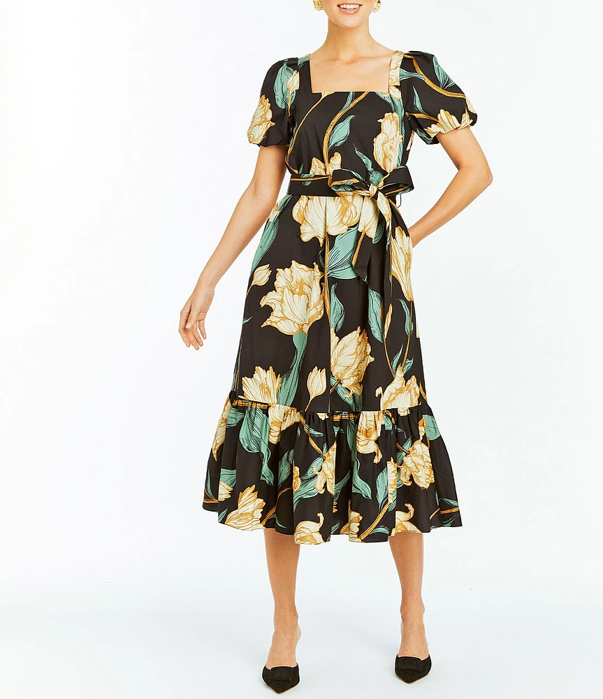 Mestiza New York Jasmine Linen Floral Print Square Neck Puff Sleeve Midi A-Line Dress