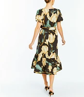 Mestiza New York Jasmine Linen Floral Print Square Neck Puff Sleeve Midi A-Line Dress