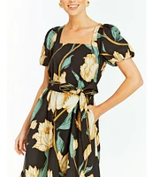 Mestiza New York Jasmine Linen Floral Print Square Neck Puff Sleeve Midi A-Line Dress