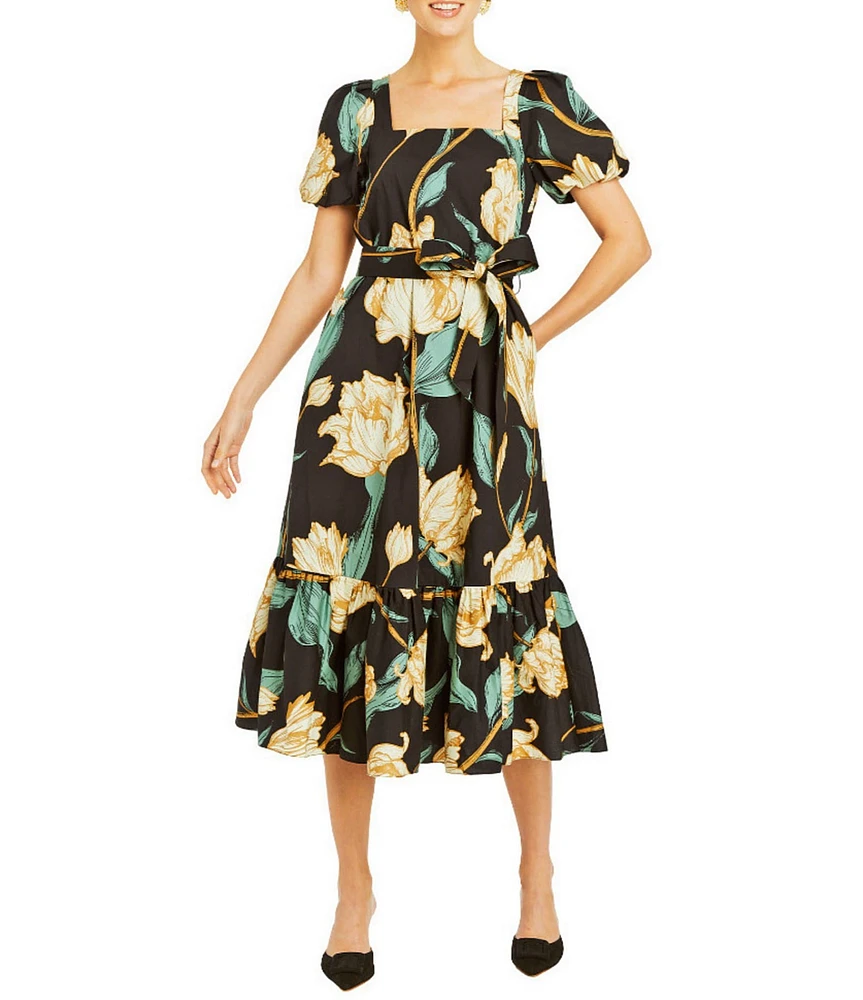 Mestiza New York Jasmine Linen Floral Print Square Neck Puff Sleeve Midi A-Line Dress
