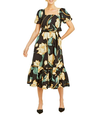 Mestiza New York Jasmine Linen Floral Print Square Neck Puff Sleeve Midi A-Line Dress