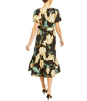 Mestiza New York Jasmine Linen Floral Print Square Neck Puff Sleeve Midi A-Line Dress