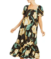 Mestiza New York Jasmine Linen Floral Print Square Neck Puff Sleeve Midi A-Line Dress