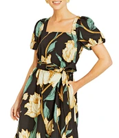 Mestiza New York Jasmine Linen Floral Print Square Neck Puff Sleeve Midi A-Line Dress