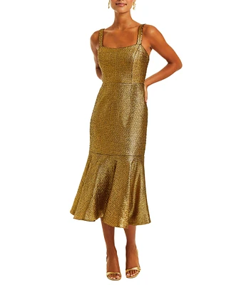 Mestiza New York Jody Metallic Tweed Square Neck Flutter Hem Midi Dress