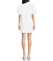 Mestiza New York Linen Blend Elliana Mandarin Collar Puff Sleeve Embroidered Button Front Mini Dress