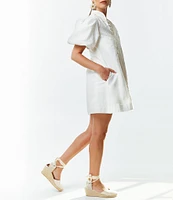 Mestiza New York Linen Blend Elliana Mandarin Collar Puff Sleeve Embroidered Button Front Mini Dress