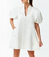 Mestiza New York Linen Blend Elliana Mandarin Collar Puff Sleeve Embroidered Button Front Mini Dress