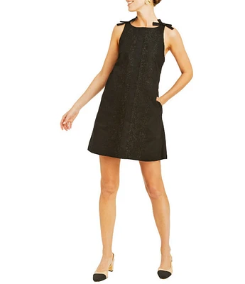 Mestiza New York Payton Poplin Stripe Print Boat Neck Sleeveless Bow Mini Shift Dress