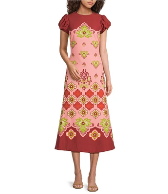 Mestiza New York Perla Flamingo Flourish Crew Neck Short Puff Sleeve Fit-And-Flare Midi Dress