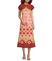Mestiza New York Perla Flamingo Flourish Crew Neck Short Puff Sleeve Fit-And-Flare Midi Dress