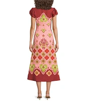 Mestiza New York Perla Flamingo Flourish Crew Neck Short Puff Sleeve Fit-And-Flare Midi Dress