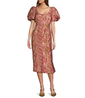 Mestiza New York Pia Metallic Floral Jacquard Scoop Neck Short Puff Sleeve Bow Trim Midi Sheath Dress