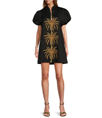 Mestiza New York Poplin Palm Tree Embroidered Mandarin Collar Short Puff Sleeve Dress