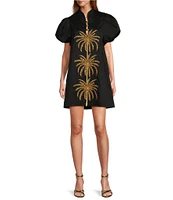 Mestiza New York Poplin Palm Tree Embroidered Mandarin Collar Short Puff Sleeve Dress