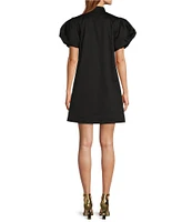 Mestiza New York Poplin Palm Tree Embroidered Mandarin Collar Short Puff Sleeve Dress