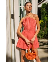 Mestiza New York Scallopini Linen Blend Organza Strapless Sleeveless Pleated Bodice A-Line Mini Dress