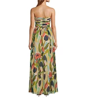 Mestiza New York Soledad Crinkle Chiffon Floral Abstract Print Sweetheart Neck Strapless Gown